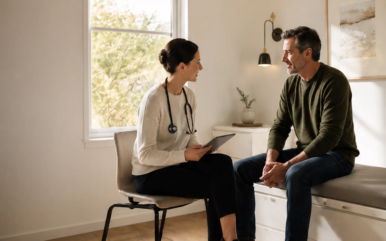 A primary care clinician listening to a patient in a calm practice setting