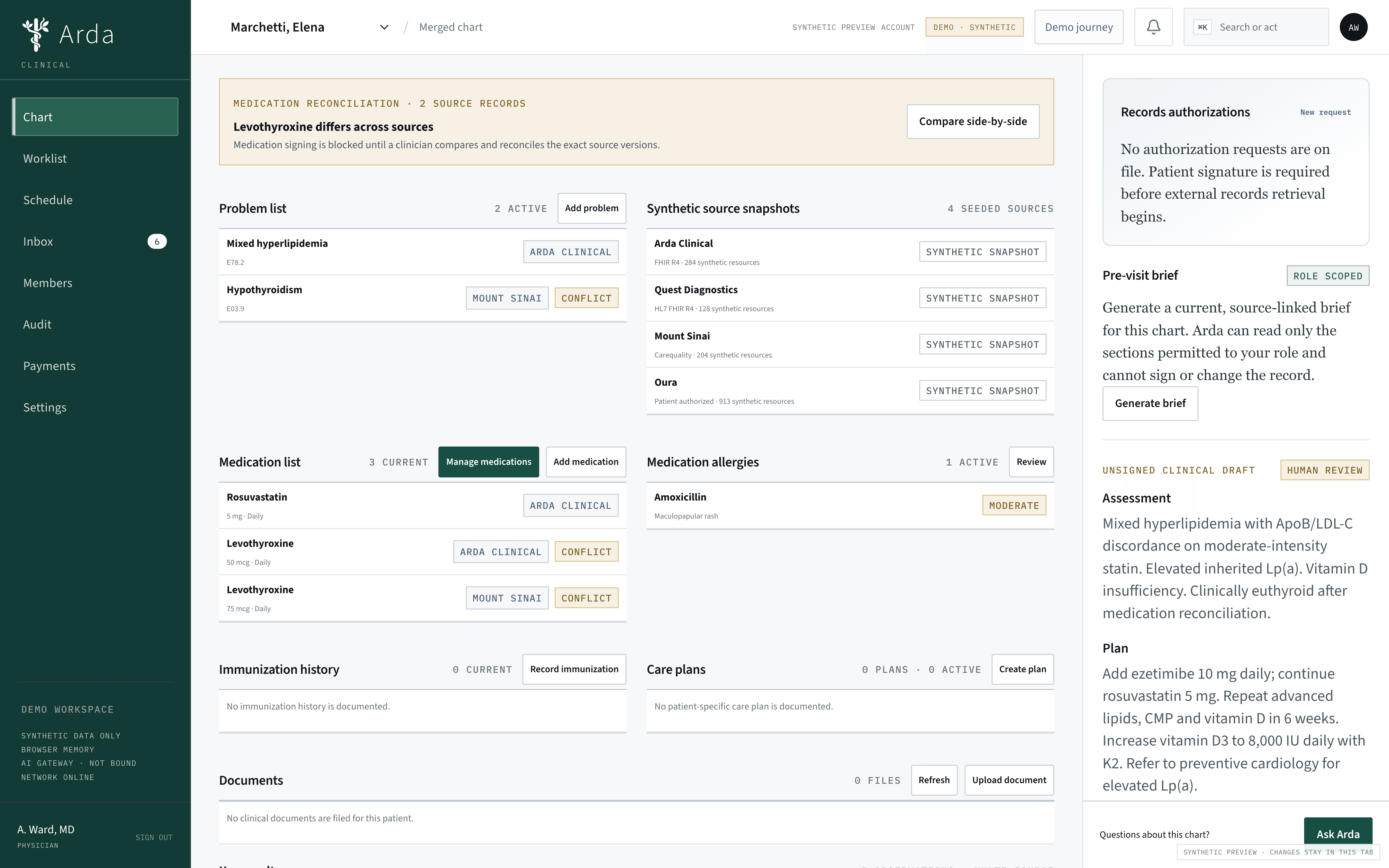Arda synthetic patient chart showing problems, medications, source snapshots, and a pre-visit brief