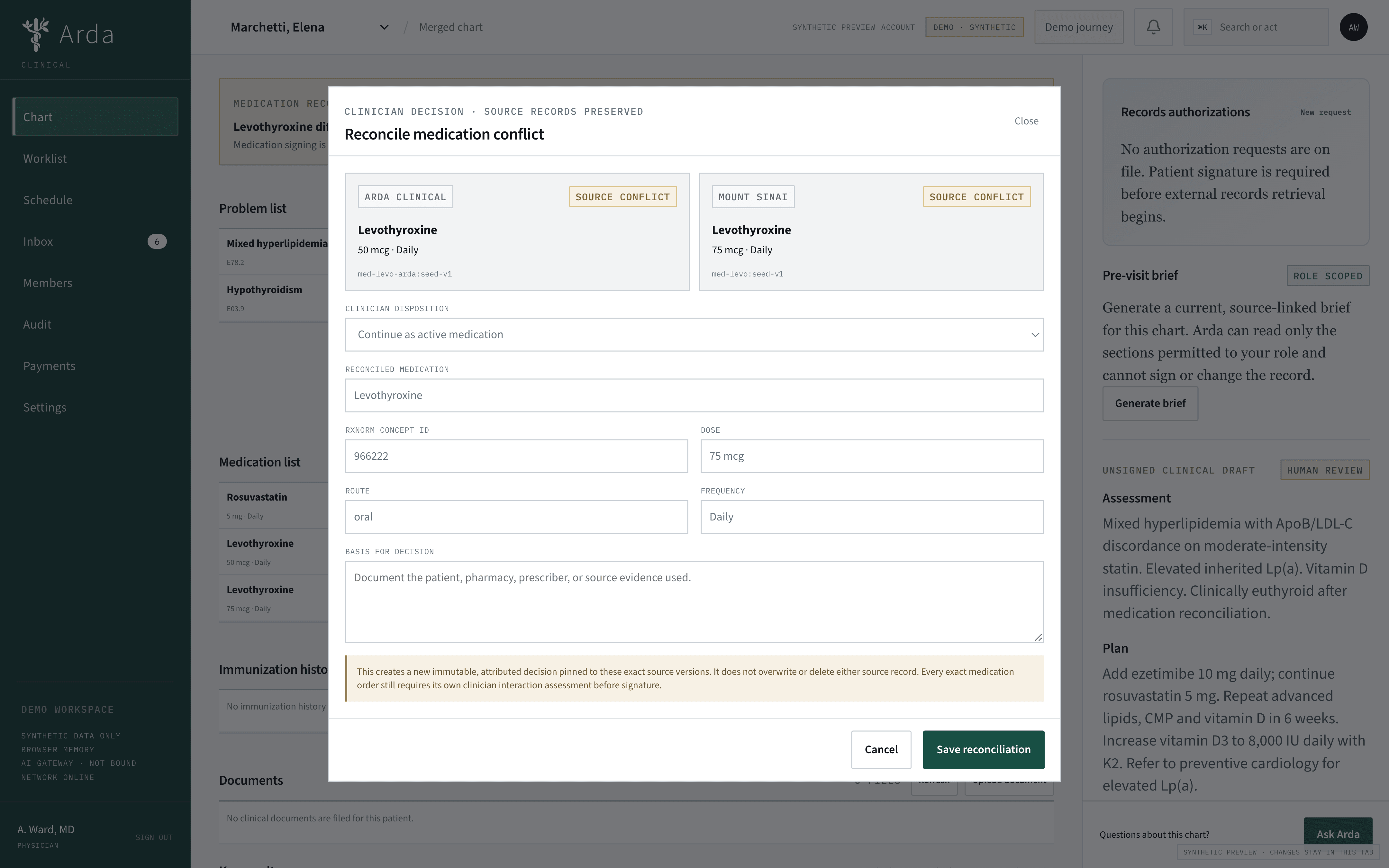 Arda medication reconciliation comparing conflicting synthetic source records and requiring a documented clinician decision