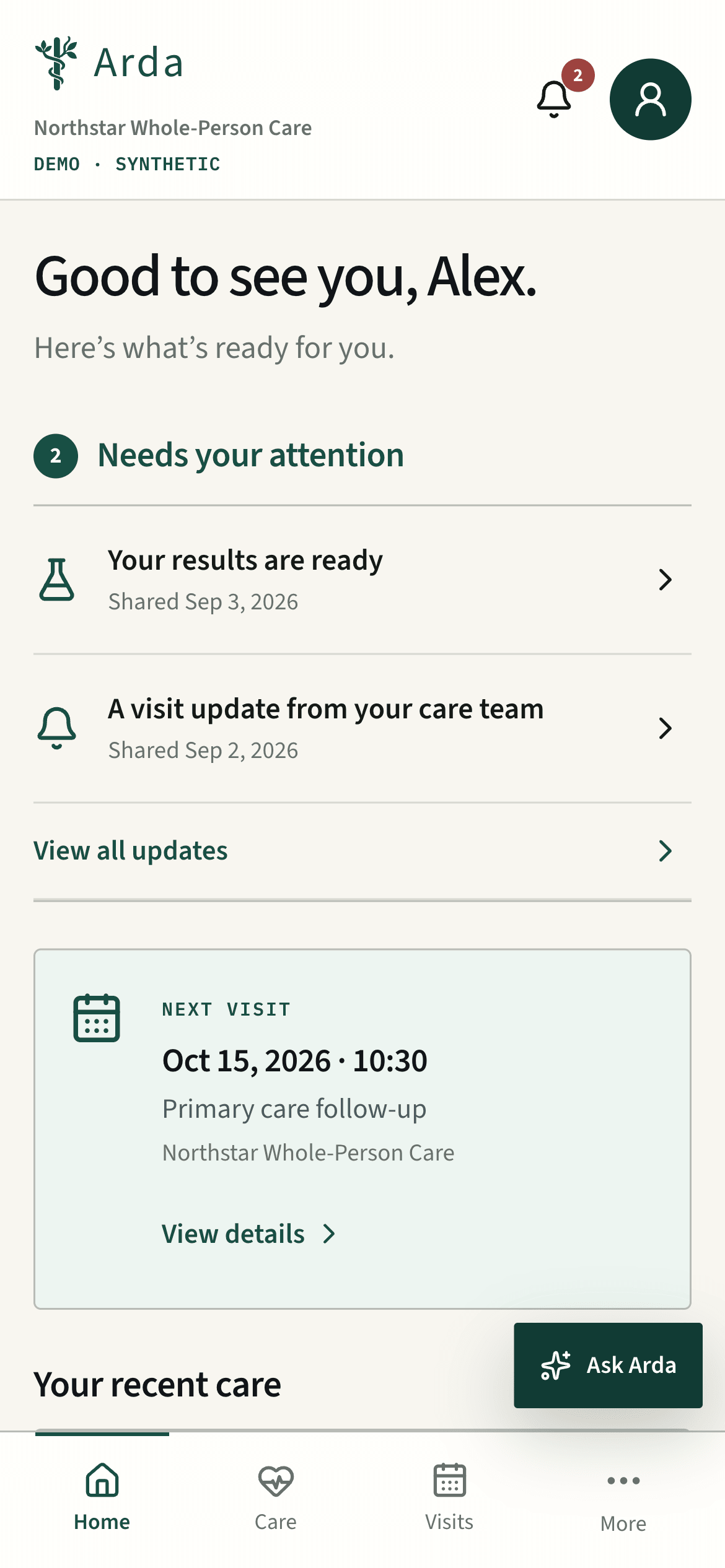 Arda mobile patient portal showing synthetic patient updates, the next visit, evergreen actions, and Home, Care, Visits, and More navigation